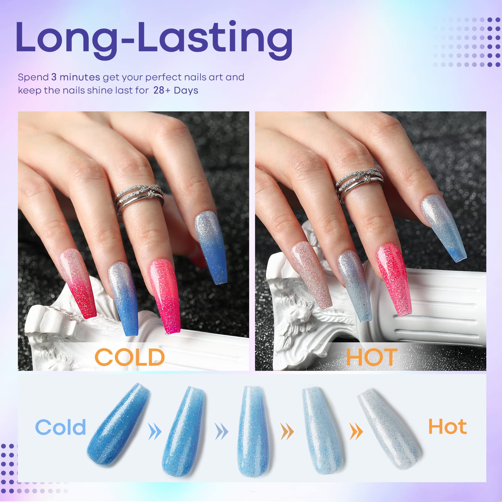 Modelones Mood Gel Nail Polish Set - 6 Colors Collection Temperature Color Changing Gel Glitter Nail Varnish Soak Off UV LED Manicure 0.33 OZ